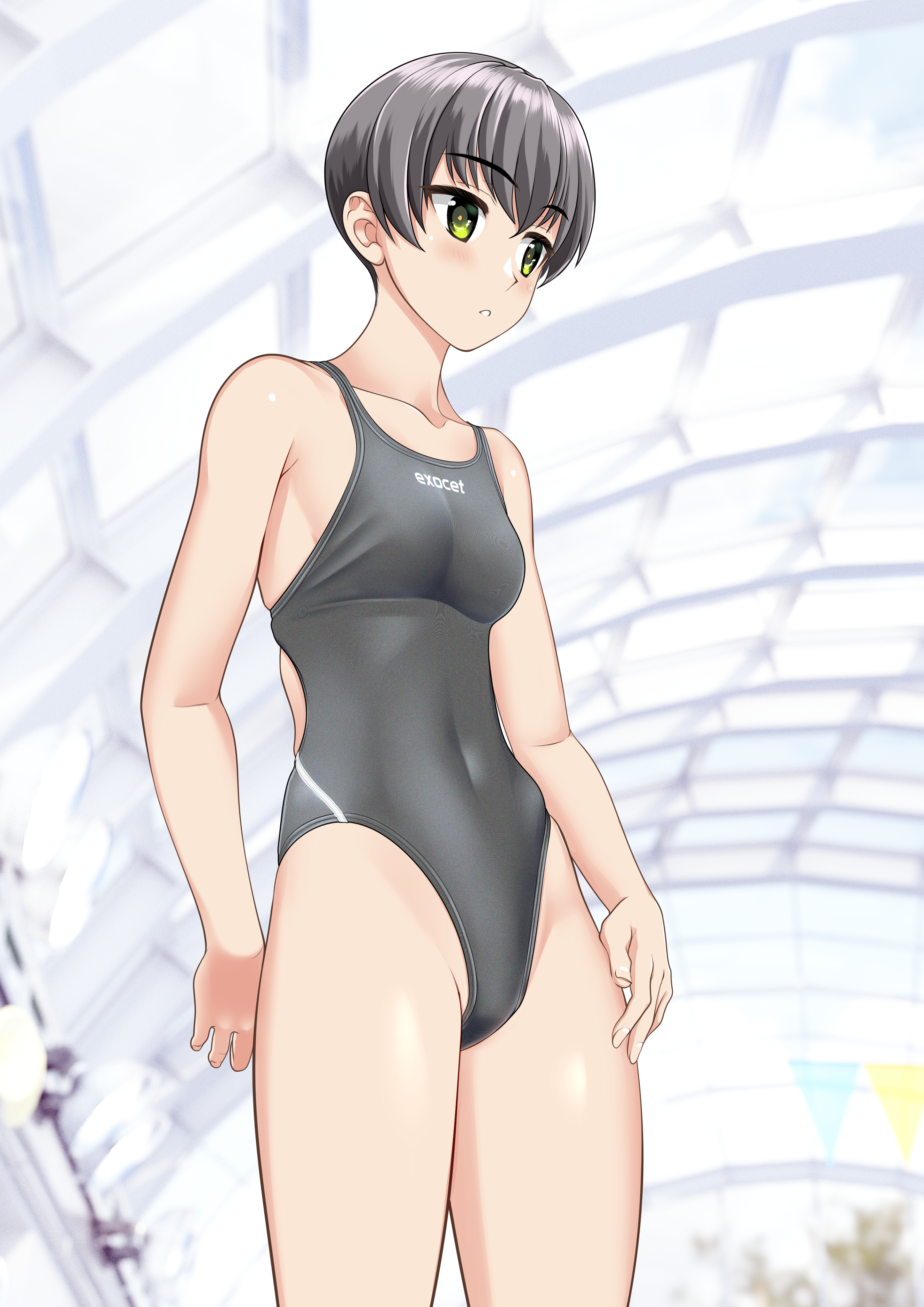 1girl absurdres black_hair clothes_writing colored_skin commentary_request competition_swimsuit covered_navel cowboy_shot green_eyes grey_one-piece_swimsuit highleg highleg_one-piece_swimsuit highres indoors one-piece_swimsuit original short_hair solo standing swimsuit takafumi tomboy variant_set