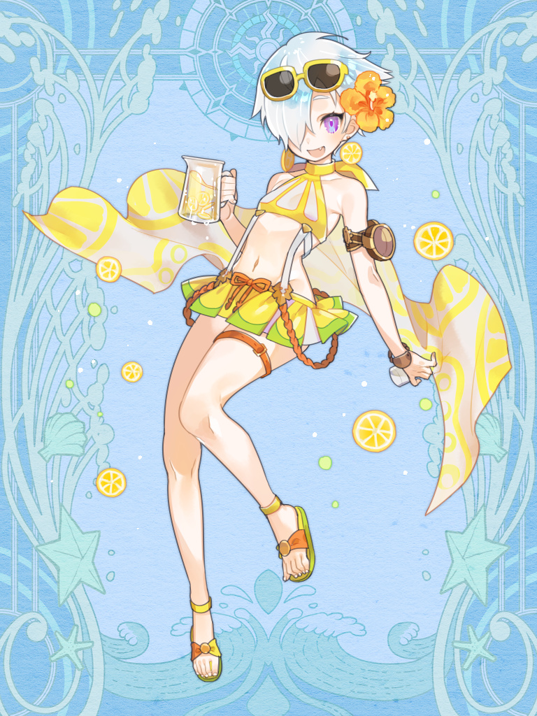 1girl :d armlet blue_background breasts brown_bracelet cape dairoku_ryouhei eyewear_on_head flower food fruit full_body hair_flower hair_ornament hair_over_one_eye jewelry lemon lemon_slice lemonade looking_at_viewer navel omuneko_(tw) open_mouth purple_eyes sandals short_hair skirt small_breasts smile solo sunglasses suspenders thigh_strap varya_snezkova white_hair yellow_cape