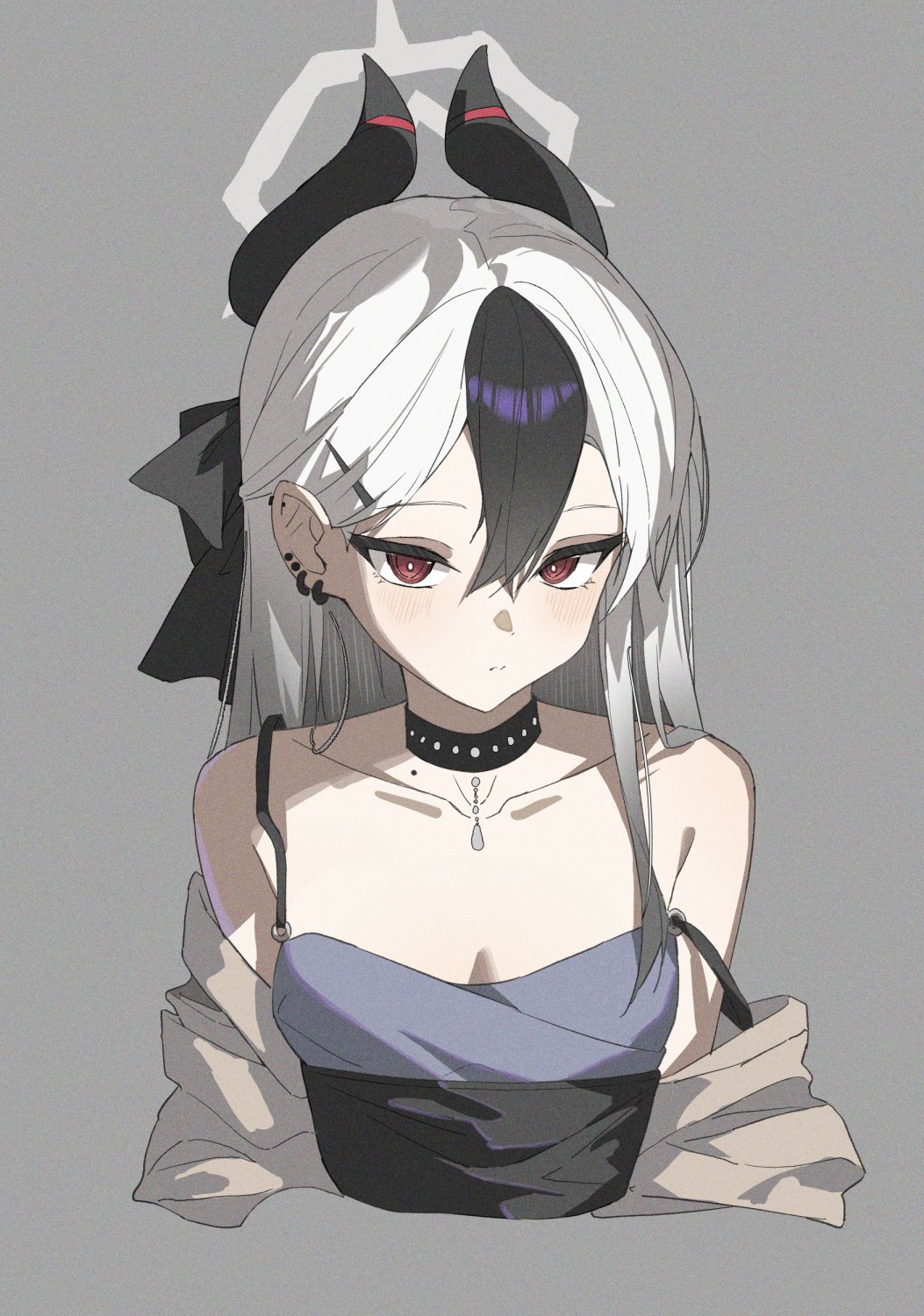 1girl bare_shoulders black_choker black_hair black_horns blue_archive blush choker closed_mouth collarbone diamond_necklace dress ear_piercing earrings grey_background hair_between_eyes hair_over_shoulder halo highres horns jacket jacket_partially_removed jewelry kayoko_(blue_archive) kayoko_(dress)_(blue_archive) long_hair looking_at_viewer mole multicolored_hair official_alternate_costume open_clothes open_jacket piercing red_eyes simple_background solo strap_slip studded_choker two-tone_hair vennie white_hair white_halo