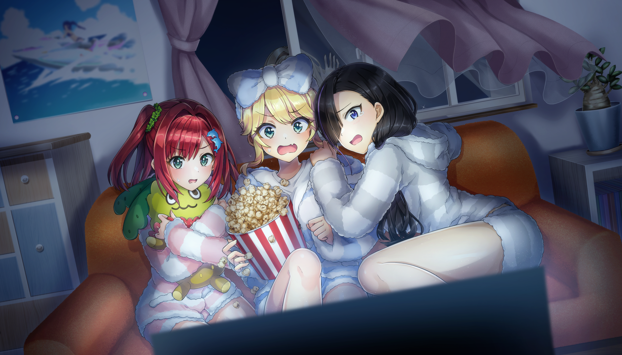4girls black_hair blonde_hair blue_eyes coach dolphin_hair_ornament dolphin_wave fang food game_cg green_eyes hair_ornament hair_over_one_eye highres hugging_object izumi_kiri kirahoshi_kanna kurose_minami multicolored_hair multiple_girls non-web_source official_art ootomo_takuji open_mouth pajamas popcorn purple_eyes red_hair sakimiya_iruka scared side_ponytail striped_clothes striped_pajamas swept_bangs two-tone_hair