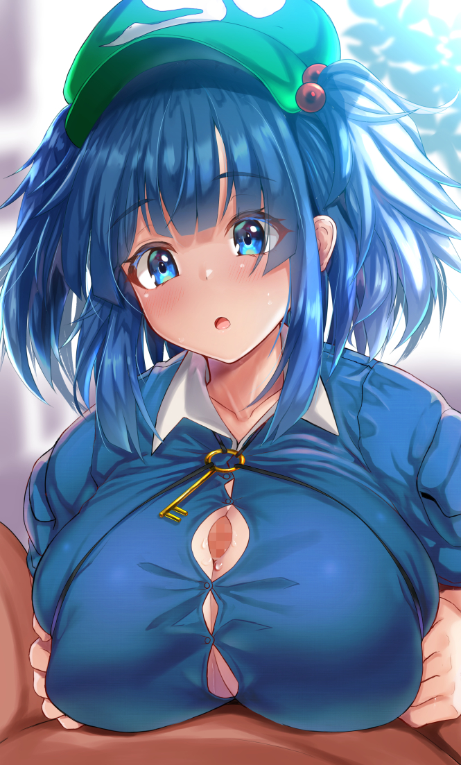 1boy 1girl blue_eyes blue_hair blue_shirt blush breasts breasts_squeezed_together clothed_female_nude_male collared_shirt ebi_193 eyes_visible_through_hair flat_cap green_headwear hair_bobbles hair_ornament hat hetero huge_breasts kappa kawashiro_nitori key large_breasts long_sleeves medium_hair nude open_mouth outdoors paizuri paizuri_under_clothes penis pov pov_crotch shirt short_twintails sidelocks solo_focus touhou twintails two_side_up