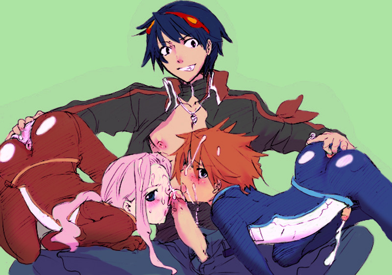 2boys anal anal_fingering anus ass bisexual cooperative_fellatio darry_adai fellatio fingering gimmy_adai multiple_boys oral pink_hair simon smile teamwork_(sexual) tengen_toppa_gurren_lagann vaginal