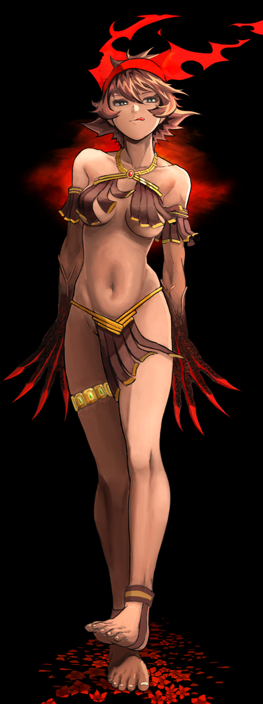 1girl animal_ears ankle_cuffs bad_id bad_pixiv_id bare_shoulders barefoot bottomless breasts brown_hair claws dark-skinned_female dark_skin female_focus flower full_body green_eyes headband highres hitomaruniigo licking_lips loincloth medium_breasts navel nepdora no_bra no_panties original pelvic_curtain petals revealing_clothes scales short_hair solo thigh_strap toeless_legwear toes tongue tongue_out underboob