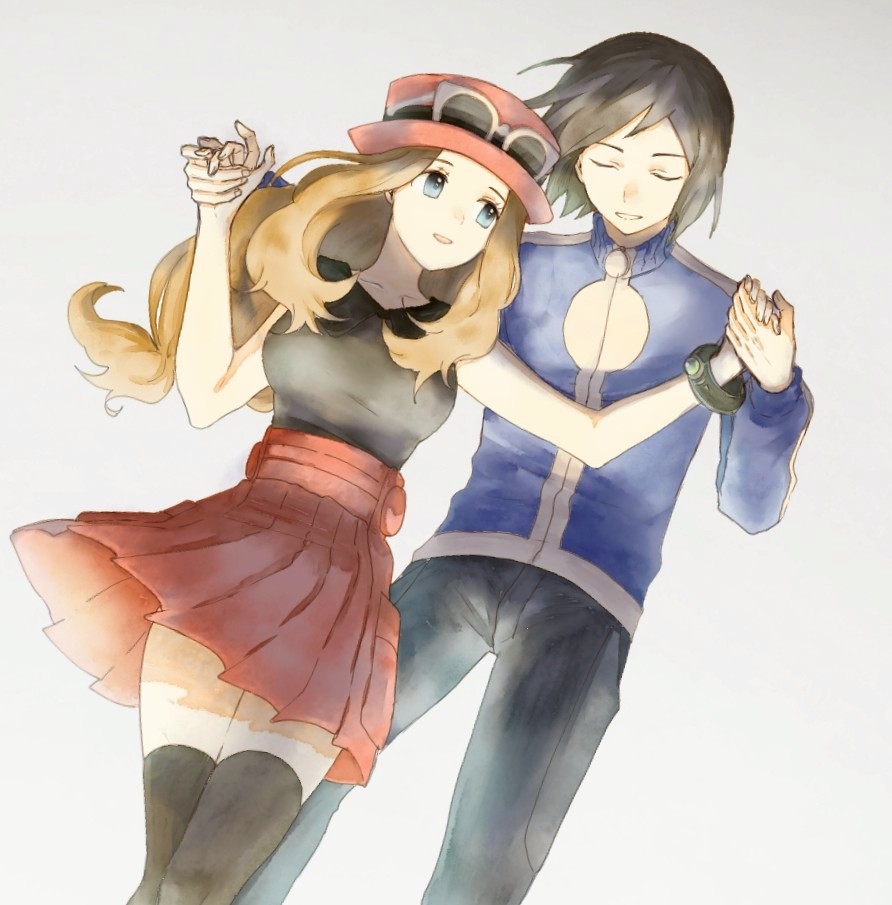 1boy 1girl asuka_rkgk black_thighhighs blonde_hair calem_(pokemon) eyewear_on_headwear hat hetero jacket long_hair mega_ring nintendo pokemon pokemon_xy red_hat red_skirt serena_(pokemon) shirt skirt sleeveless sleeveless_duster sleeveless_shirt sunglasses thighhighs turtleneck turtleneck_jacket white-framed_eyewear white_background