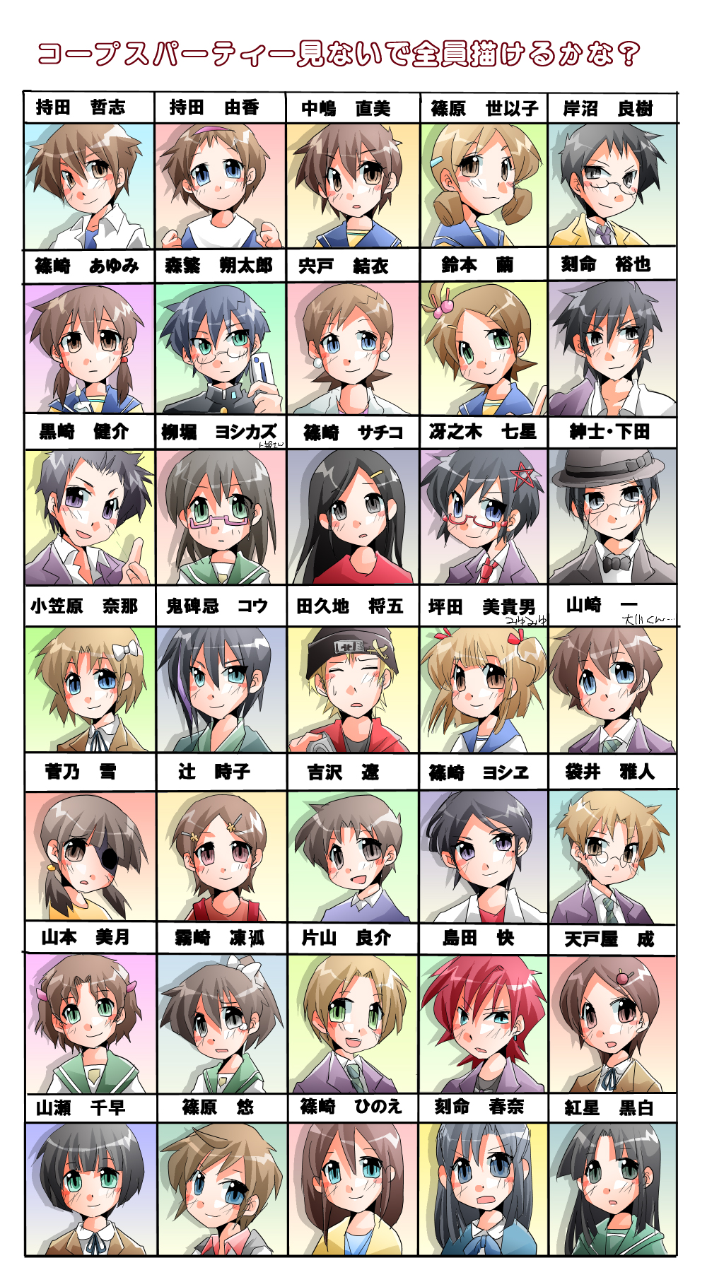 6+boys 6+girls absolutely_everyone akaboshi_kokuhaku amatoya_nari black_hair blonde_hair blue_eyes bow bowtie brown_eyes brown_hair camera candle cellphone corpse_party earrings everyone closed_eyes fukuroi_masato glasses green_eyes hair_bobbles hair_ornament hairclip hat headband highres jewelry kanno_yuki katayama_ryousuke kibiki_kou kirisaki_touko kishinuma_yoshiki kizami_haruna kizami_yuuya kurosaki_kensuke long_hair mochida_satoshi mochida_yuka mole morishige_sakutarou multiple_boys multiple_girls nakashima_naomi necktie ogasawara_nana ookawa_tomohiro phone ponytail purple_eyes rokuhara saenoki_naho shimada_kai shimada_kai_(corpse_party) shimoda_(corpse_party) shinohara_miyu shinohara_seiko shinohara_yuu shinozaki_ayumi shinozaki_hinoe shinozaki_sachiko shinozaki_yoshie shishido_yui short_hair suzumoto_mayu taguchi_shougo tears translation_request tsuji_tokiko twintails urabe_emi yamamoto_mitsuki yamase_chihaya_(corpse_party) yoshizawa_ryou