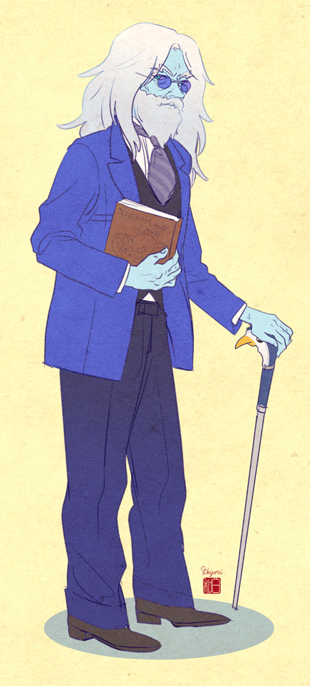 1boy adventure_time beard blue_eyes blue_skin book cane colored_skin contemporary facial_hair flat_color full_body hiyori_chisha ice_king jacket looking_at_viewer male_focus mustache necktie old old_man open_clothes open_jacket solo sunglasses vest white_hair wrinkled_skin