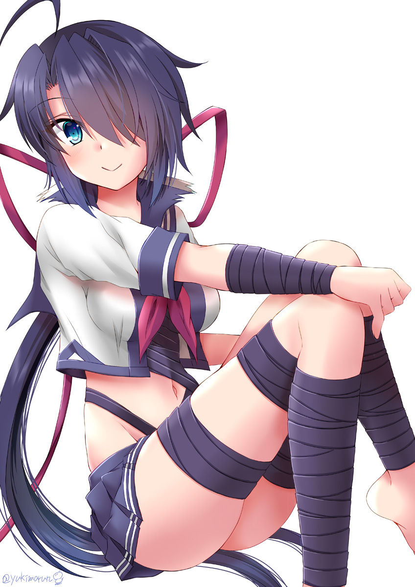 1girl ahoge black_hair black_skirt blue_eyes breasts hair_over_one_eye highres kako_(kancolle) kako_kai_ni_(kancolle) kantai_collection long_hair medium_breasts messy_hair miniskirt navel neckerchief pleated_skirt ponytail red_neckerchief school_uniform serafuku short_sleeves sitting skirt smile solo tamagawa_yukimaru very_long_hair