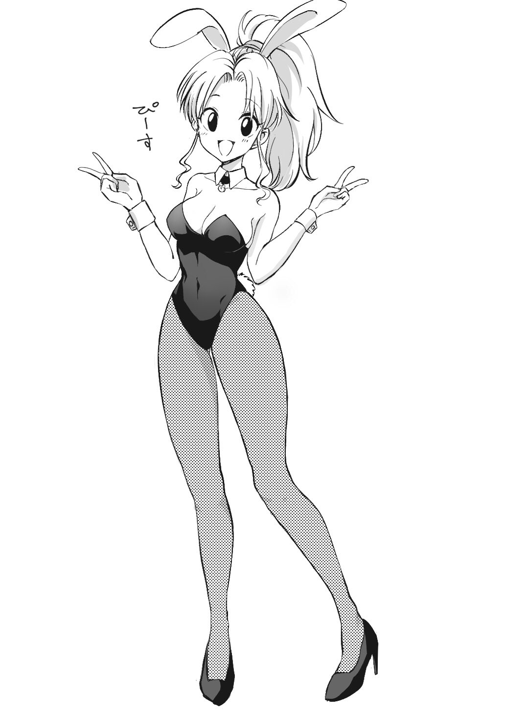 1girl animal_ears bare_shoulders botan_(yu_yu_hakusho) breasts cleavage detached_collar double_v fake_animal_ears full_body greyscale high_heels highres kajino_(aosansai) leotard long_hair looking_at_viewer medium_breasts monochrome open_mouth pantyhose playboy_bunny ponytail rabbit_ears rabbit_tail simple_background smile solo strapless strapless_leotard tail v white_background wrist_cuffs yuu_yuu_hakusho