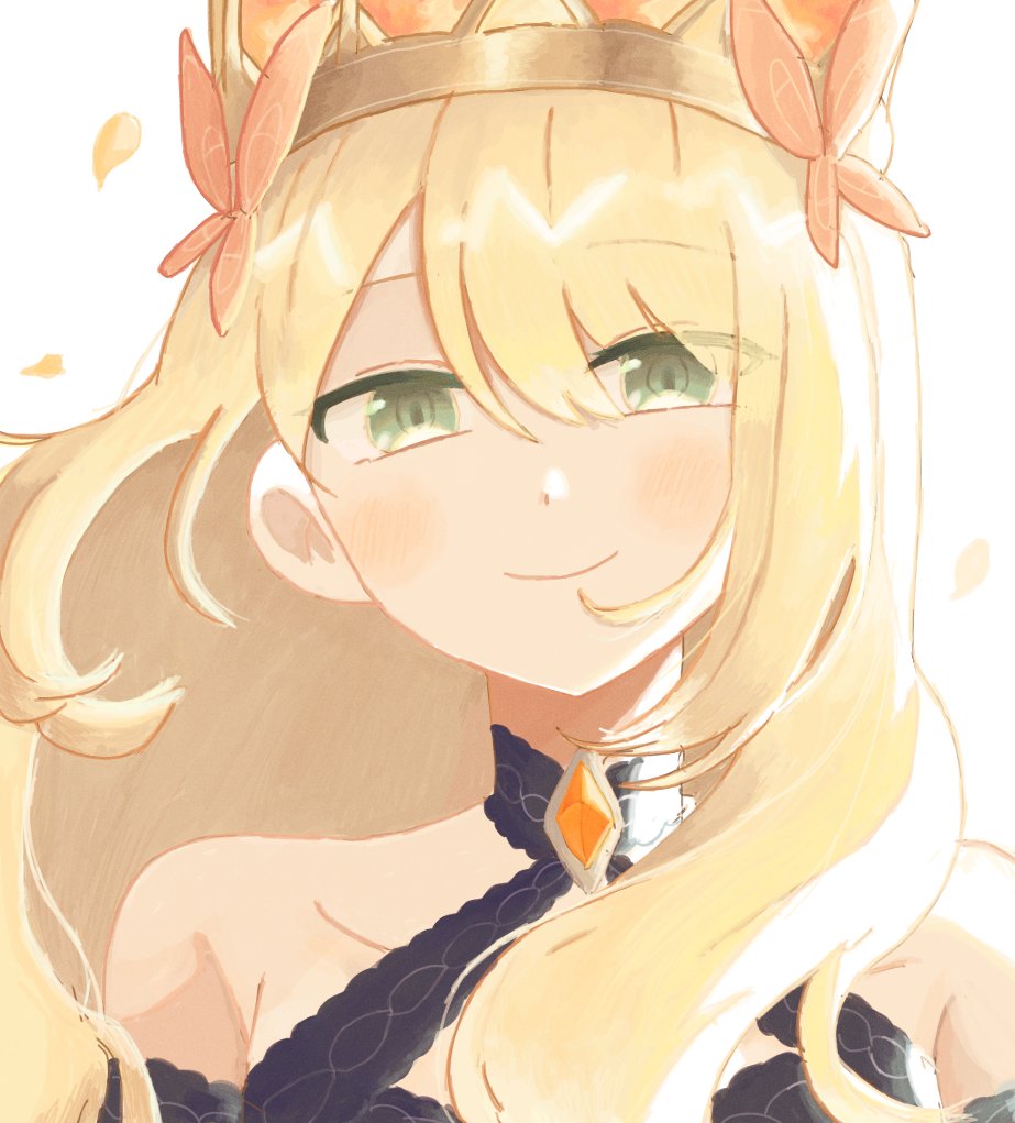 1girl bare_shoulders blonde_hair butterfly_hair_ornament celine_(fire_emblem) closed_mouth crown fire_emblem fire_emblem_engage green_eyes hair_between_eyes hair_ornament ichgomi long_hair looking_at_viewer nintendo petals smile solo upper_body white_background