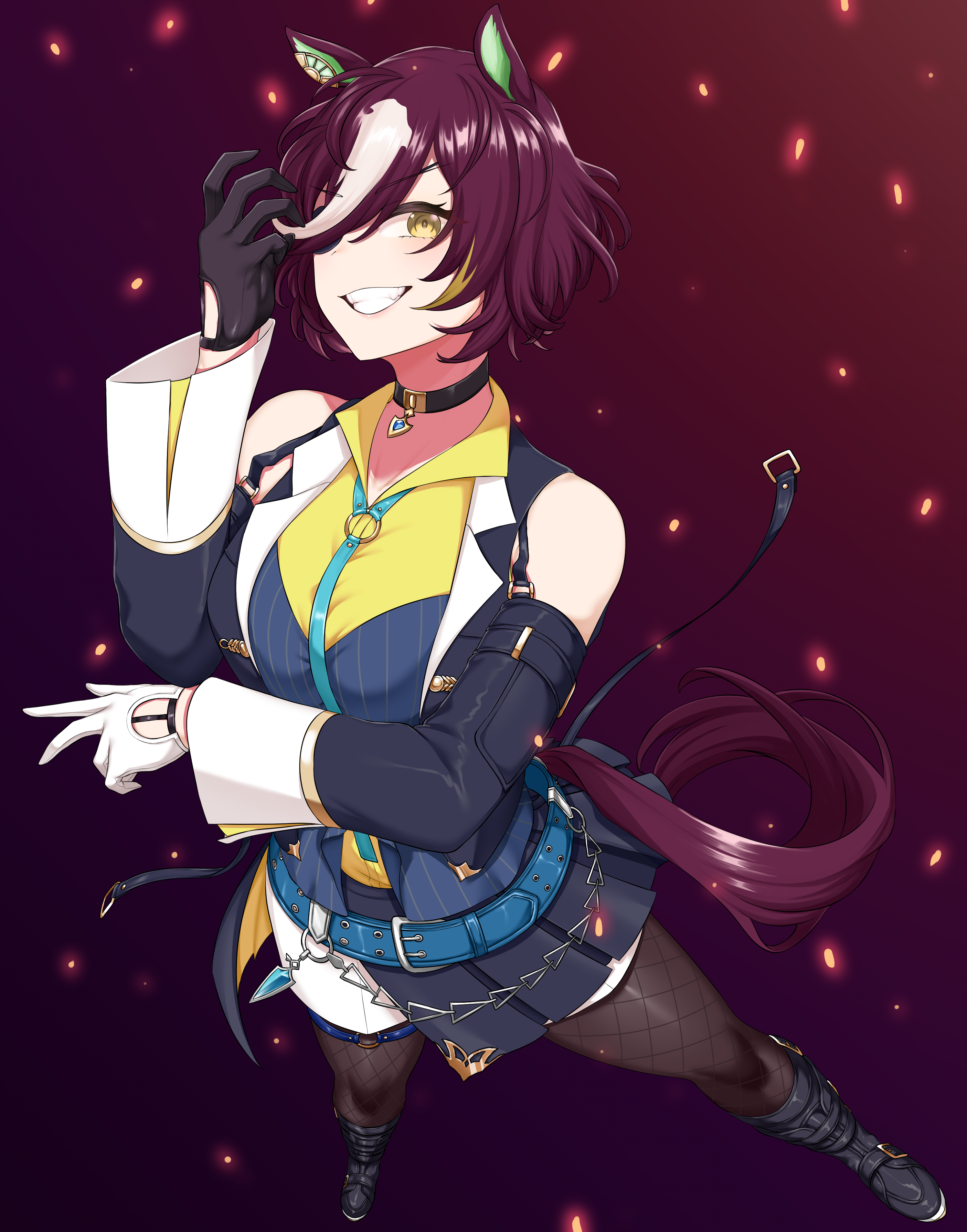 1girl absurdres animal_ears asymmetrical_gloves black_boots black_gloves black_jacket black_pantyhose boots commentary_request eyepatch full_body gloves hair_over_one_eye highres horse_ears horse_girl jacket knee_boots long_sleeves looking_at_viewer md5_mismatch mismatched_gloves multicolored_hair pantyhose partial_commentary pasuhai purple_hair resolution_mismatch shirt short_hair shorts simple_background smile solo source_smaller streaked_hair tanino_gimlet_(umamusume) umamusume white_gloves white_hair white_shorts yellow_eyes yellow_shirt