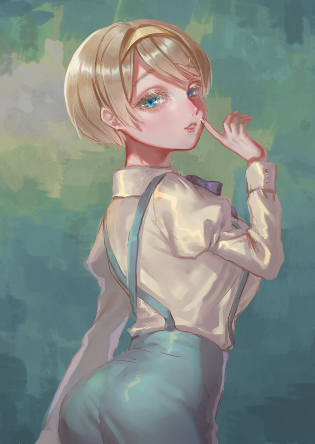 1girl arm_at_side ass axis_powers_hetalia blonde_hair blue_background blue_eyes blue_pants breasts collared_shirt cowboy_shot eyelashes finger_to_mouth from_behind hair_ornament hairband hairclip half-closed_eyes hand_up hatake_hukuro highres index_finger_raised juliet_sleeves large_breasts long_sleeves looking_at_viewer looking_back neck_ribbon pants parted_lips puffy_sleeves purple_ribbon ribbon shirt short_hair shushing solo suspenders ukraine_(hetalia) white_shirt x_hair_ornament