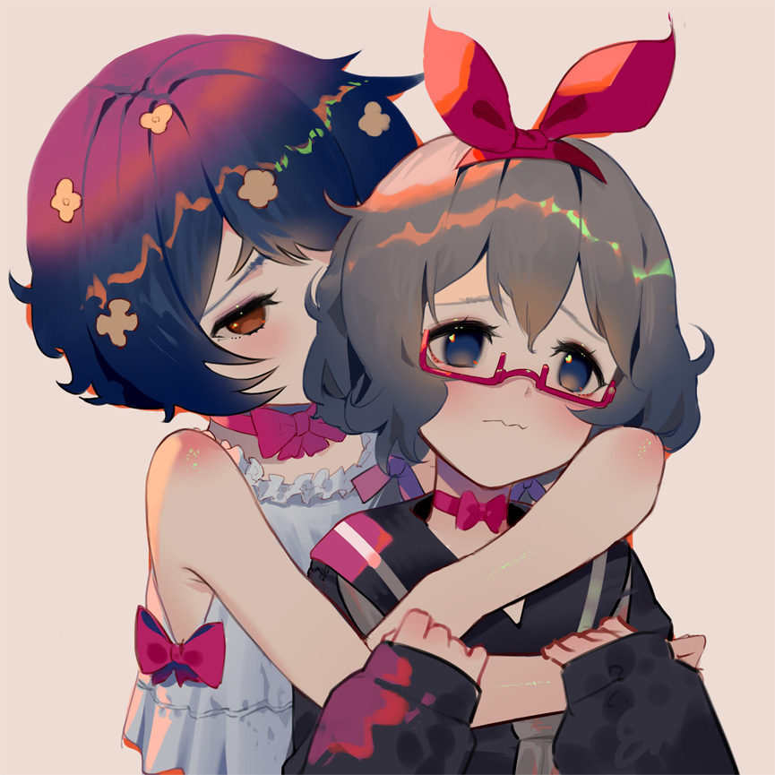 2girls alternate_costume black_hair blue_eyes bow bow_hairband bowtie dress hairband hk_(hk) hug hug_from_behind konno_junko long_sleeves low_twintails mizuno_ai multiple_girls pink_bow red_eyes sailor_dress semi-rimless_eyewear short_hair simple_background sleeveless twintails white_hair yuri zombie_land_saga