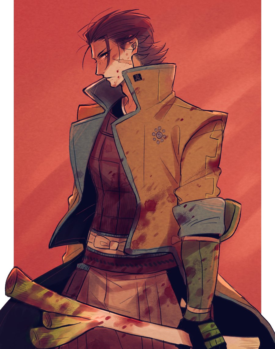 1boy blood blood_on_clothes blood_on_face brown_coat brown_hair coat facial_scar food from_side holding holding_food holding_spring_onion holding_vegetable katakura_kojuurou_(sengoku_basara) looking_at_viewer male_focus orange_eyes outside_border pillarboxed red_background robingdon scar scar_on_cheek scar_on_face sengoku_basara short_hair simple_background solo spring_onion v-shaped_eyebrows vegetable