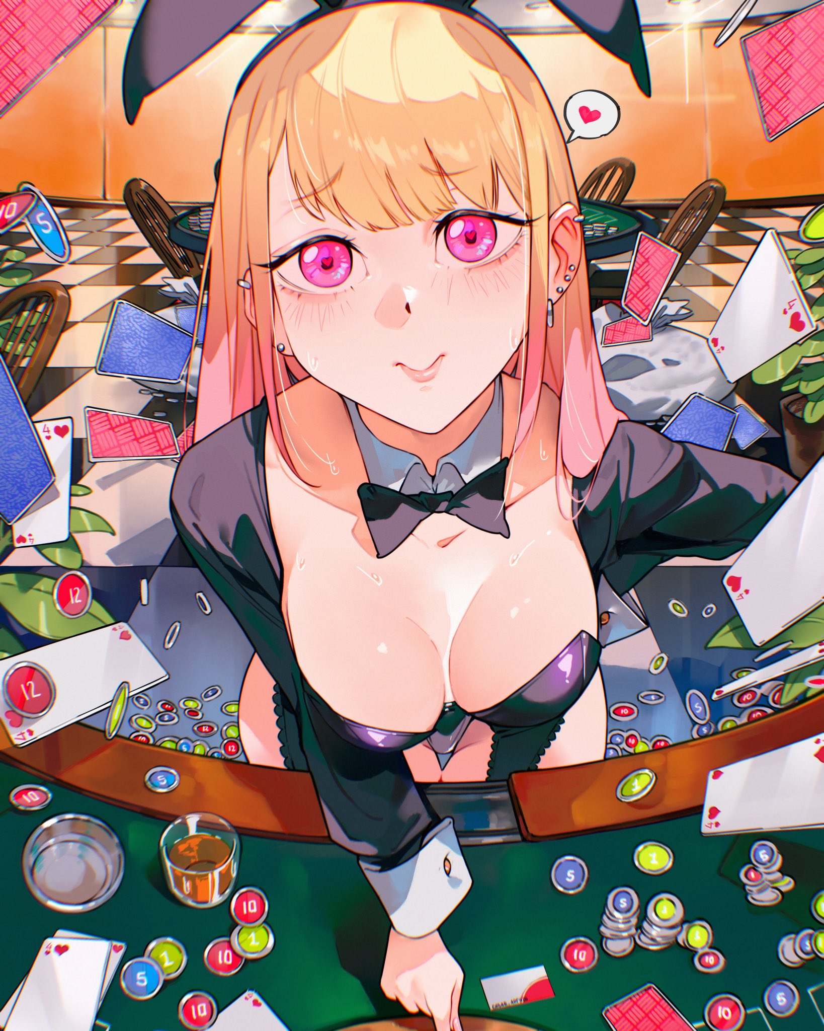 1girl animal_ears black_bow black_bowtie black_hairband black_leotard black_vest blonde_hair blush bow bowtie breasts card cesar_art456 checkered_floor closed_mouth collar collarbone detached_collar ear_piercing four_of_hearts glass gradient_hair groin hairband heart highres kitagawa_marin leotard long_hair long_sleeves multicolored_hair piercing pink_eyes pink_hair pink_lips poker_chip poker_table rabbit_ears smile solo sono_bisque_doll_wa_koi_wo_suru spanish_commentary spoken_heart sweat table two-tone_hair upturned_eyes vest white_collar white_wrist_cuffs wrist_cuffs