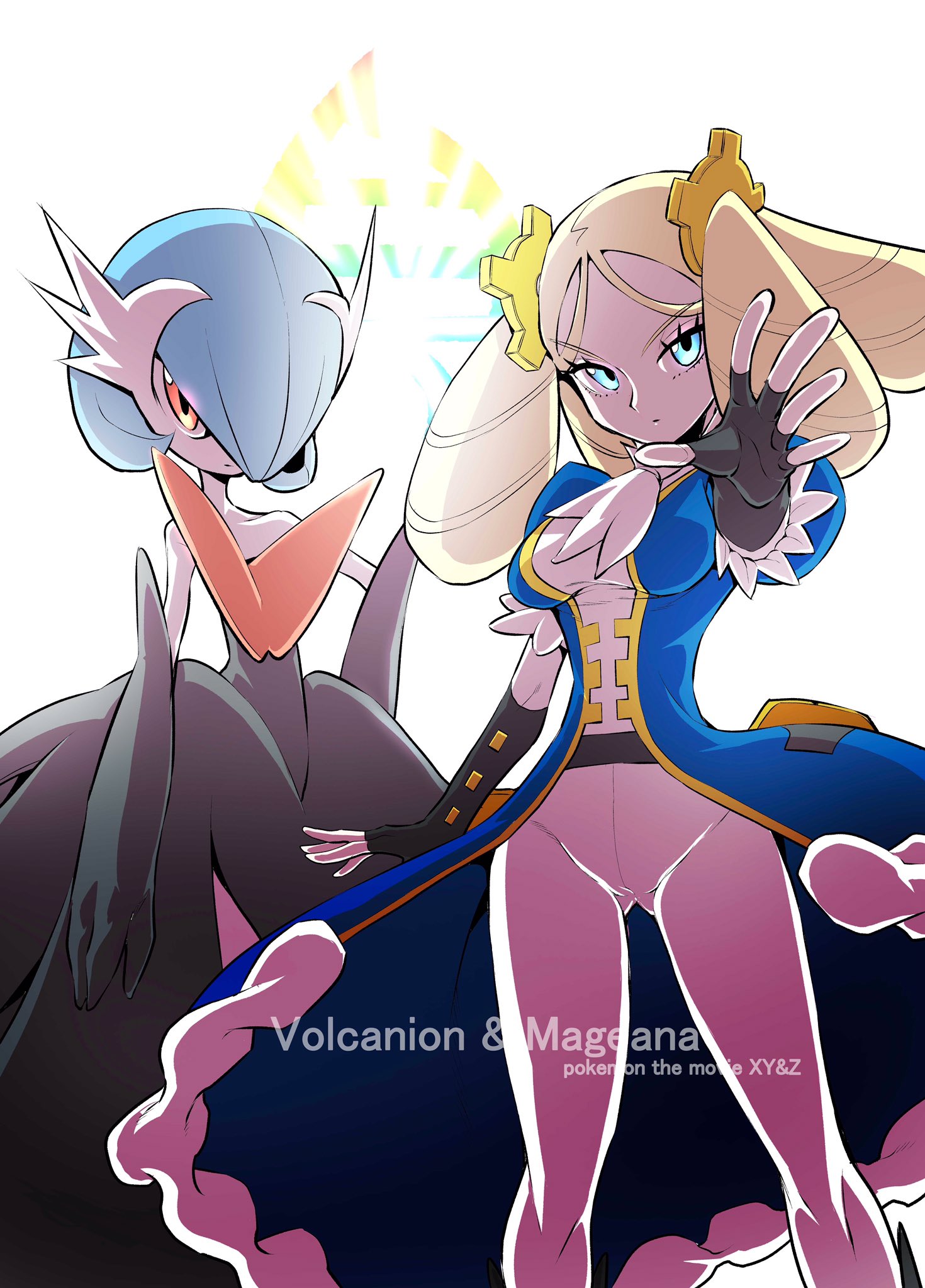 2girls alternate_color ascot black_gloves blonde_hair blue_eyes blue_hair bob_cut colored_skin creatures_(company) dress drill_hair elbow_gloves fingerless_gloves game_freak gardevoir gear_hair_ornament gen_3_pokemon gloves hair_over_one_eye highres hirakata_masahiro kimia_(pokemon) looking_at_viewer mega_evolution_symbol mega_gardevoir mega_pokemon multiple_girls nintendo orange_eyes pokemon pokemon_(anime) pokemon_(creature) pokemon_the_movie:_volcanion_and_the_mechanical_marvel pokemon_xy_(anime) shiny_pokemon strapless strapless_dress white_ascot white_skin