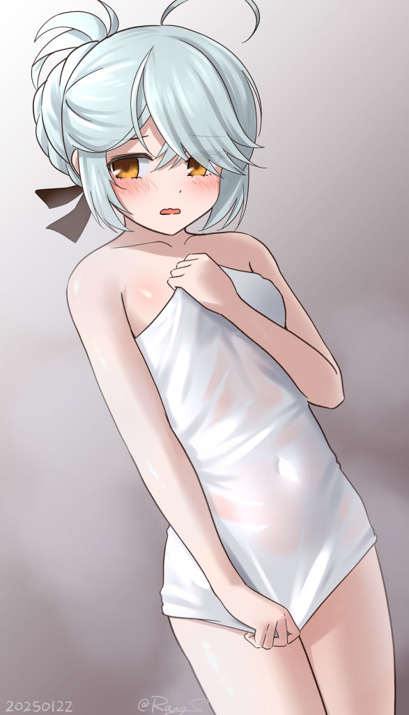 1girl alternate_hairstyle blue_hair braid braided_bun commentary_request cowboy_shot grey_background hair_bun hamanami_(kancolle) kantai_collection looking_at_viewer naked_towel one-hour_drawing_challenge orange_eyes ray.s see-through_clothes single_hair_bun solo towel