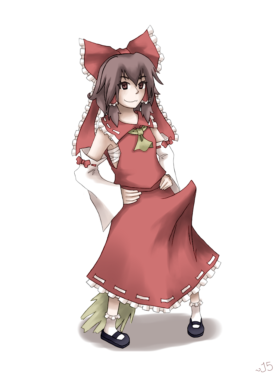 1girl ascot between_legs black_shoes bobby_socks bow broom brown_eyes brown_hair daigada detached_sleeves female_focus frills hair_bow hair_tubes hakurei_reimu highres japanese_clothes miko sarashi shoes socks solo touhou white_background white_socks yellow_ascot