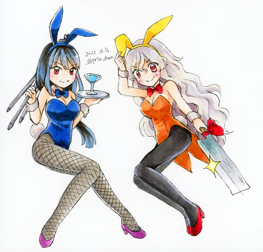 2girls alcohol animal_ears artist_name black_pantyhose blue_bow blue_bowtie blue_eyes blue_leotard bow bowtie breasts closed_mouth cup dated drinking_glass fishnet_pantyhose fishnets grey_hair high_heels holding holding_knife holding_tray iizunamaru_megumu knife leotard long_hair long_sleeves looking_at_viewer medium_breasts multiple_girls orange_leotard pantyhose playboy_bunny proton rabbit_ears rabbit_tail red_bow red_bowtie red_eyes sakata_nemuno simple_background smile tail touhou tray wavy_hair white_background wine wine_glass wrist_cuffs