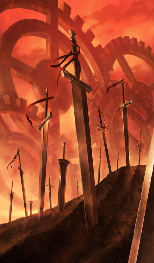 cloud cloudy_sky commentary fate/grand_order fate_(series) field_of_blades gears lasengle no_humans official_art orange_background orange_sky orange_theme outdoors planted planted_sword planted_weapon red_ribbon ribbon scenery sky still_life sword third-party_source unlimited_blade_works_(reality_marble) weapon