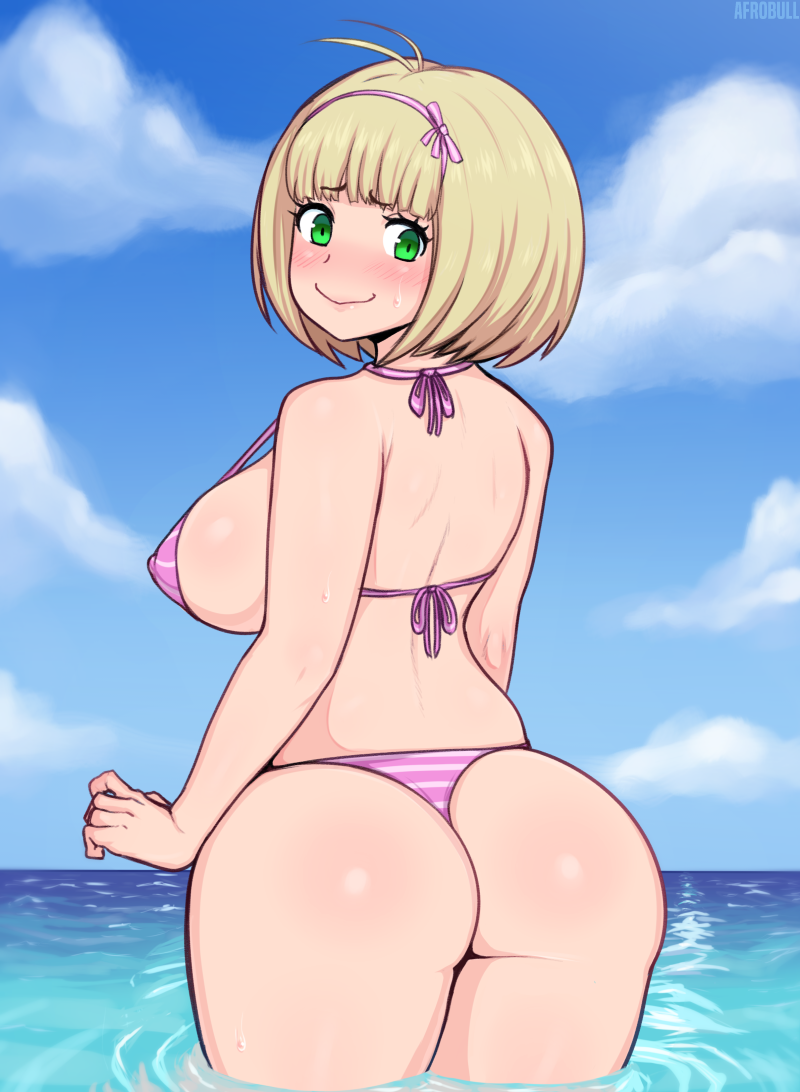 1girl afrobull ao_no_exorcist ass bikini blonde_hair blush breasts cloud covered_erect_nipples curvy eyebrows female_focus green_eyes hair_ribbon hip_focus huge_ass large_breasts looking_at_viewer looking_back moriyama_shiemi ocean outdoors ribbon short_hair sideboob sky smile solo swimsuit thick_thighs thighs water wide_hips