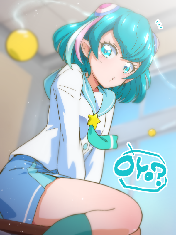 1girl aqua_neckwear aqua_socks between_legs blue_eyes blue_hair blue_sailor_collar blue_skirt blurry blurry_background bun_cover classroom collarbone from_below hagoromo_lala hand_between_legs indoors kneehighs long_hair long_sleeves looking_at_viewer looking_down mihoshi_middle_school_uniform miniskirt multicolored_hair open_mouth pleated_skirt precure sailor_collar sailor_shirt school_uniform serafuku shirt sitting skirt socks solo speech_bubble star_twinkle_precure streaked_hair tj-type1 white_shirt