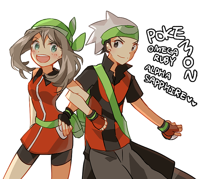 &gt;:) &gt;:d 00s 10s 1boy 1girl :d aqua_eyes arm_at_side backpack bag bandana bare_arms bare_shoulders bike_shorts black_eyes black_gloves black_hair blush breasts brendan_(pokemon) brendan_(pokemon_emerald) brown_hair carrot_i clenched_hand closed_mouth collared_dress copyright_name dres dress fanny_pack fingerless_gloves gloves green_bandana grey_pants hair_between_eyes hand_on_own_hip happy heart holding holding_poke_ball kerersy long_hair looking_at_viewer may_(pokemon) may_(pokemon_emerald) medium_breasts multicolored_gloves multicolored_shirt neck nintendo open_mouth orange_dress orange_gloves pants poke_ball poke_ball_(basic) pokemon pokemon_emerald pokemon_oras pokemon_rse round_teeth short_hair short_sleeves side-by-side simple_background sleeveless sleeveless_dress small_breasts smile standing teeth upper_teeth_only white_background