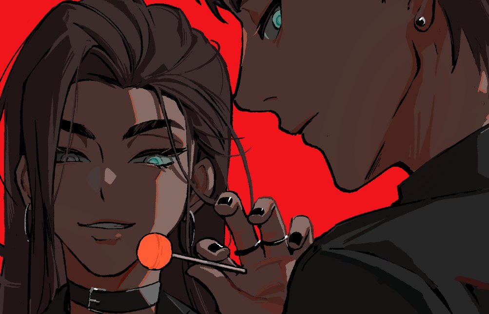 1boy 1girl alien_stage black_choker black_nails black_shirt brother_and_sister brown_hair candy chinese_commentary choker collared_shirt commentary cover dark-skinned_female dark-skinned_male dark_skin earrings fake_magazine_cover food grey_eyes holding holding_candy holding_food holding_lollipop hoop_earrings hyuna_(alien_stage) hyunwoo_(alien_stage) jewelry lollipop long_hair magazine_cover red_background seppuku009 shirt short_hair siblings