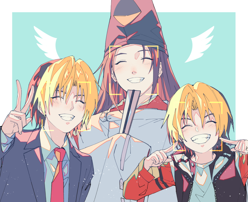 3boys ^_^ angel_wings black_hair black_hat black_jacket blazer blonde_hair blue_background blue_jacket blue_sleeves border child chinese_commentary closed_eyes collared_jacket collared_shirt colored_inner_hair commentary detached_wings earrings fangs fingernails fingers_to_cheeks folded_fan folding_fan fujiwara_no_sai grin hand_fan happy hat hikaru_no_go holding holding_fan hood hood_down hooded_jacket hun_(endlesslovehikaru) jacket japanese_clothes jersey jewelry kariginu kimono lapels layered_sleeves light_blush light_particles long_sleeves male_focus mini_wings multicolored_hair multiple_boys necktie notched_lapels open_clothes open_jacket outside_border red_kimono red_necktie red_sleeves ribbon-trimmed_sleeves ribbon_trim shindou_hikaru shirt short_hair simple_background sleeveless sleeveless_jacket sleeves_past_fingers sleeves_past_wrists smile straight_hair stud_earrings tate_eboshi time_paradox two-tone_hair upper_body v viewfinder white_border white_shirt white_sleeves white_wings wings zipper