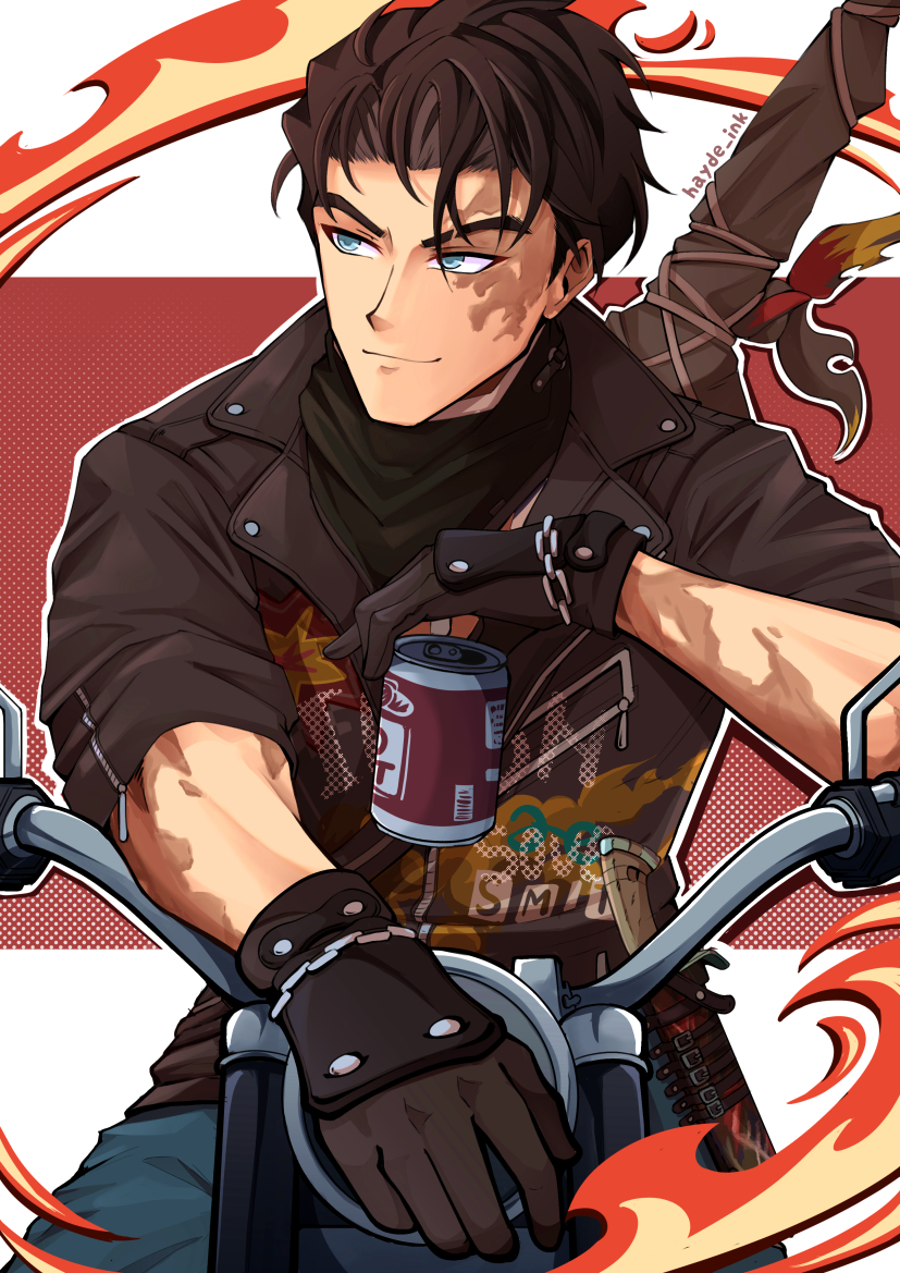 1boy black_gloves black_hair black_jacket blue_eyes blue_neckerchief blue_pants burn_scar can cowboy_shot drink_can fire gloves hayde_ink holding holding_can j_(reverse:1999) jacket looking_to_the_side male_focus motor_vehicle motorcycle neckerchief on_motorcycle pants red_background reverse:1999 scar scar_on_arm scar_on_face short_hair smile solo two-tone_background weapon weapon_on_back white_background