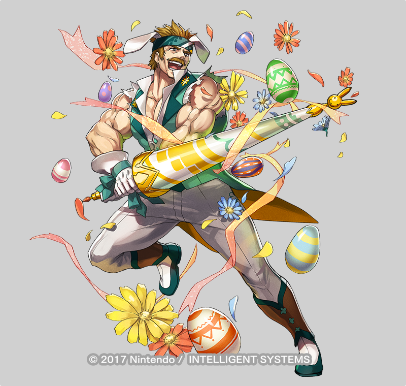 1boy animal_ears bartre_(fire_emblem) bartre_(spring)_(fire_emblem) biceps brown_eyes brown_hair commentary_request company_name dai-xt easter_egg egg facial_hair fake_animal_ears fire_emblem fire_emblem:_the_binding_blade fire_emblem_heroes flower full_body gloves grey_background headband large_pectorals male_focus mature_male muscular muscular_male mustache nintendo official_art open_mouth pants pectoral_cleavage pectorals rabbit_ears sleeveless solo torn_clothes torn_sleeves white_gloves white_pants