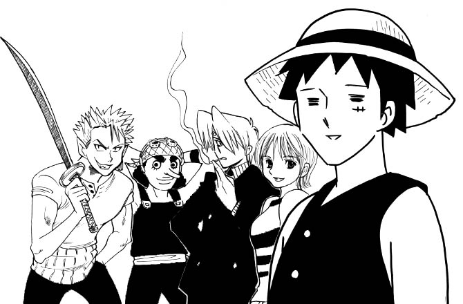 1girl 4boys black_hair chabudai cigarette company_connection cosplay crossover eyeshield_21 formal_clothes greyscale hair_over_one_eye hat hiruma_youichi holding holding_sword holding_weapon jonouchi_katsuya looking_at_viewer monkey_d._luffy monochrome multiple_boys nami_(one_piece) nami_(one_piece)_(east_blue) naruto_(classic) naruto_(series) one_piece parody pyuu_to_fuku!_jaguar rock_lee roronoa_zoro roronoa_zoro_(cosplay) sanji_(one_piece) sanji_(one_piece)_(cosplay) scar short_hair shounen_jump simple_background smile smoke smoking spiked_hair standing straw_hat style_parody sword upper_body usopp usopp_(cosplay) weapon white_background yu-gi-oh! yu-gi-oh!_duel_monsters