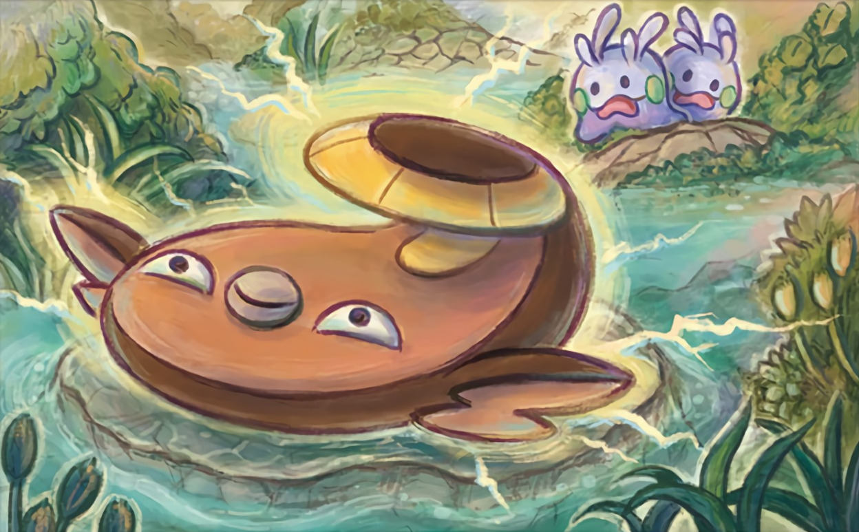 black_eyes closed_mouth creature day electricity fish full_body gen_5_pokemon gen_6_pokemon goomy nintendo no_humans official_art open_mouth outdoors plant pokemon pokemon_(creature) pokemon_tcg smile sowsow standing stunfisk third-party_source water
