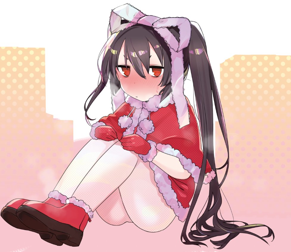 1girl black_hair blush boots dress gloves hair_ribbon legs legs_together long_hair looking_at_viewer mix_tou polka_dot polka_dot_background rance_(series) rance_x red_eyes ribbon santa_boots santa_costume santa_dress santa_gloves shikosour simple_background sitting solo sweatdrop thighs twintails very_long_hair