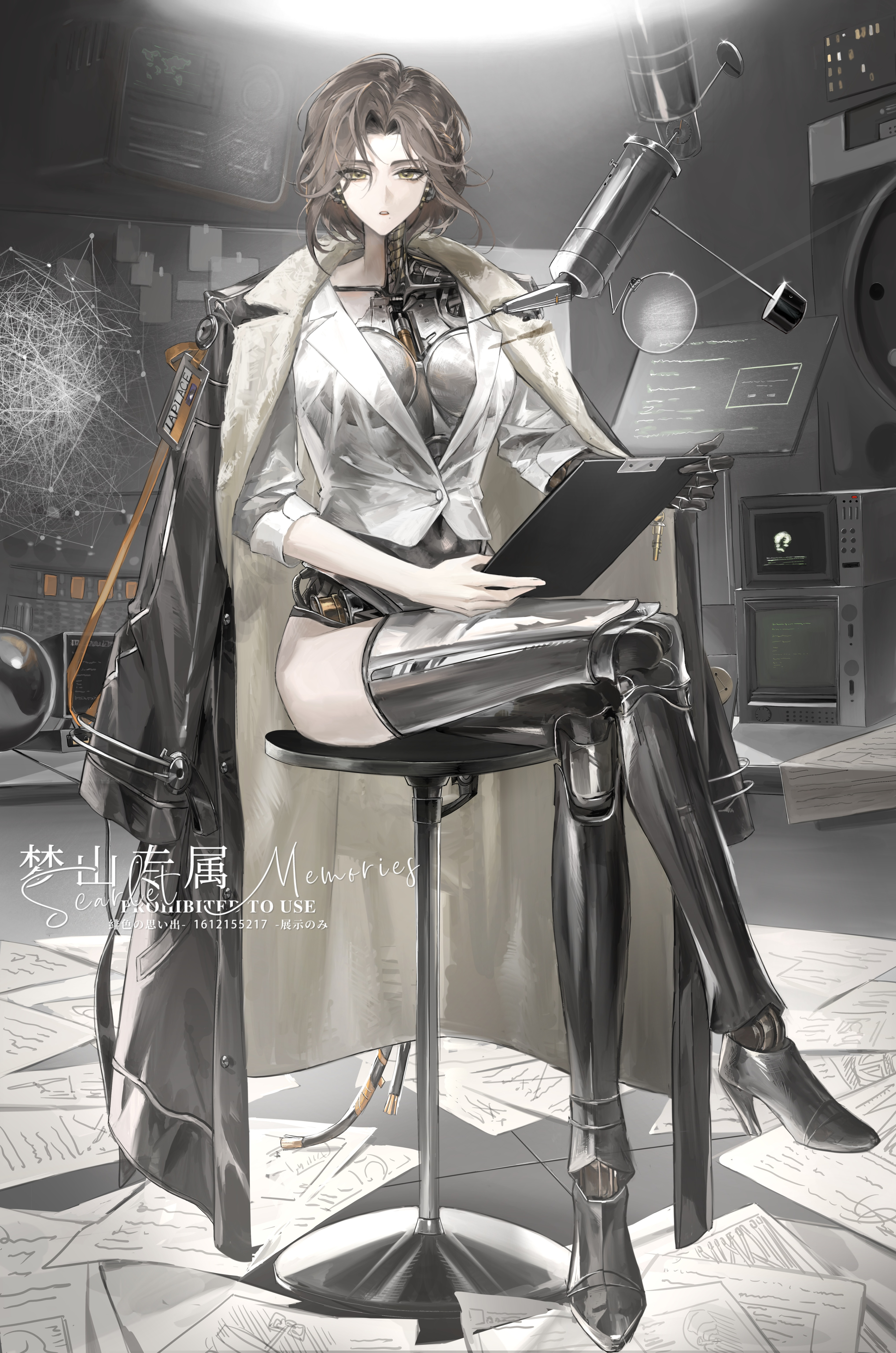 1girl :o absurdres android artist_request black_coat breasts brown_hair clipboard coat coat_on_shoulders commission crossed_legs device full_body high_heels highres holding holding_clipboard id_card indoors joints looking_at_viewer lucy_(reverse:1999) medium_breasts metal_skin mole mole_under_mouth monitor on_stool paper reverse:1999 robot_girl robot_joints second-party_source shirt short_hair sitting sleeves_pushed_up solo too_many_papers watermark white_shirt yellow_eyes
