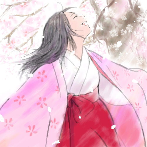 1girl arms_at_sides black_hair branch cherry_blossoms closed_eyes dappled_sunlight eyelashes flat_chest floating_hair floral_print flower hakama hakama_skirt happy head_back japanese_clothes kaguya-hime_no_monogatari kaguya_hime kimono laughing light long_sleeves lowres medium_hair messy_hair nature open_mouth petals pink_flower profile red_hakama sakai_yume simple_background skirt sleeves_past_fingers sleeves_past_wrists solo spring_(season) straight_hair sunlight teeth tree upper_body upper_teeth_only white_background