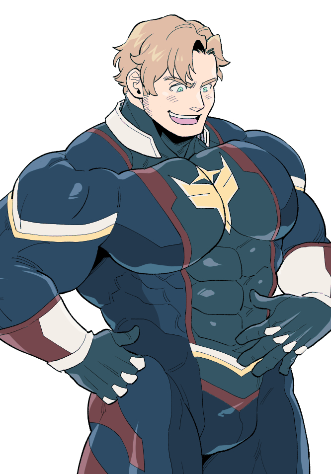 1boy alternate_muscle_size aqua_eyes bara blonde_hair bodysuit commentary_request covered_abs covered_pectorals facial_hair impossible_bodysuit impossible_clothes large_pectorals lewis_smith male_focus mecha_pilot_suit muscular muscular_male pectorals sekijaku short_hair sideburns_stubble simple_background solo stubble variant_set white_background yuuki_bakuhatsu_bang_bravern