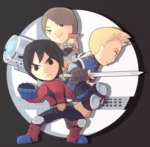 1girl 2boys arm_cannon armor bad_source belt black_eyes black_hair blonde_hair blue_eyes bodysuit boots brown_hair chibi closed_mouth gloves holding holding_sword holding_weapon male_focus mii_(nintendo) mii_brawler mii_brawler_(smash_ultimate) mii_gunner mii_gunner_(smash_ultimate) mii_swordfighter mii_swordfighter_(smash_ultimate) multiple_boys nantarapoy nintendo one_eye_closed short_hair smile star_(symbol) super_smash_bros. sword weapon