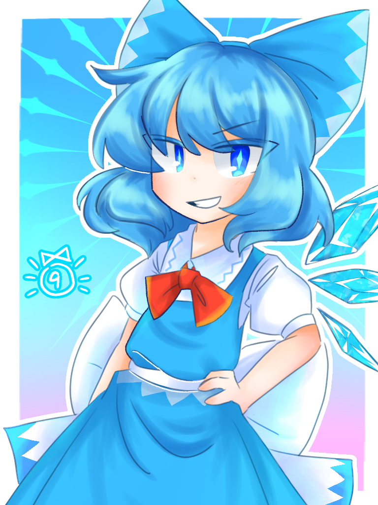 1girl blue_bow blue_eyes blue_hair blue_skirt blue_vest bow chinese_commentary circled_9 cirno collared_shirt commentary_request cowboy_shot detached_wings grin hair_bow hand_on_own_hip ice ice_wings medium_hair priswocaer puffy_short_sleeves puffy_sleeves ribbon shirt short_sleeves skirt smile solo sparkling_eyes touhou vest white_ribbon white_shirt wings