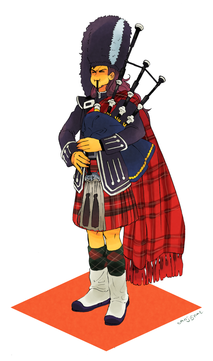&gt;_&lt; 1boy alternate_costume bagpipes closed_eyes gyro_zeppeli hat instrument jojo_no_kimyou_na_bouken kilt male_focus music plaid playing_instrument purple_hair scotland solo sporran steel_ball_run tanjojnat