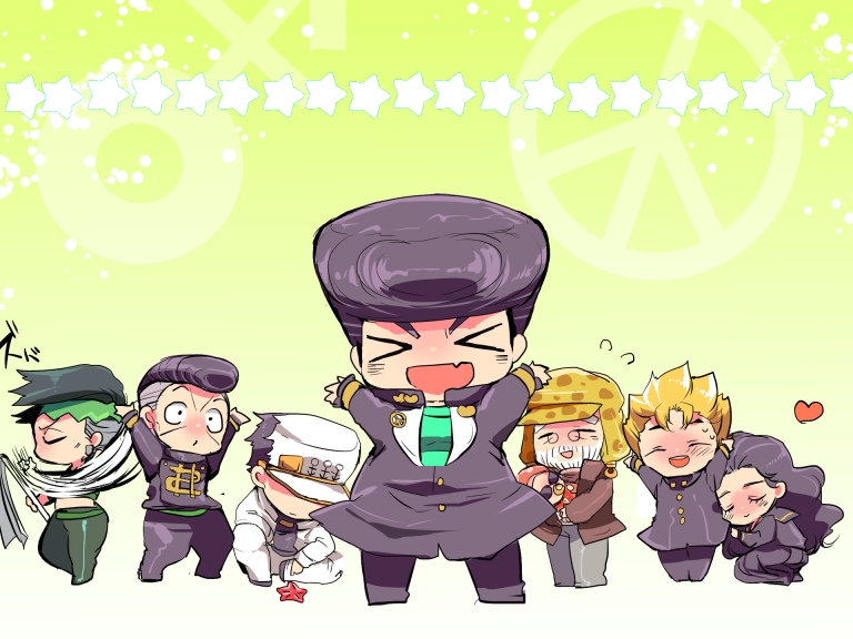 &gt;_&lt; 3girls 5boys bakanoise chibi closed_eyes fang gakuran higashikata_josuke hirose_koichi jojo_no_kimyou_na_bouken joseph_joestar joseph_joestar_(old) kishibe_rohan kuujou_joutarou multiple_boys multiple_girls nijimura_okuyasu pompadour purple_hair sadahara_inako school_uniform shizuka_joestar yamagishi_yukako