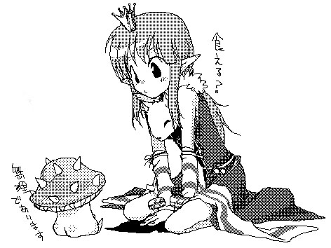 1girl animal animal_around_neck ark_kan closed_mouth commentary_request crown detached_sleeves dress expressionless fox full_body greyscale long_hair looking_at_viewer lowres mini_crown monochrome mushroom pointy_ears professor_(ragnarok_online) ragnarok_online simple_background sleeveless sleeveless_dress solo spore_(ragnarok_online) striped_sleeves