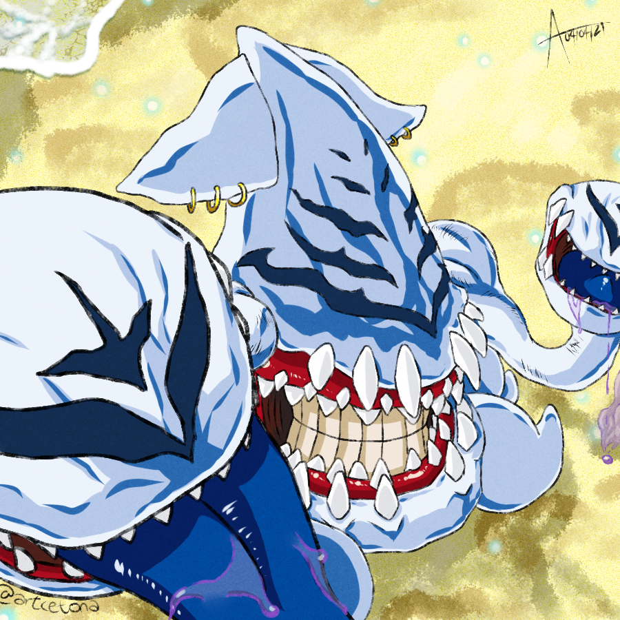 digimon earrings gesomon gesomon_x-antibody jewelry sharp_teeth smile squid teeth tongue tongue_out