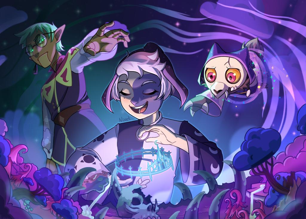 1boy 2others bone broken_skull castle closed_eyes cloud colored_skin crescent forest glasses green_eyes green_hair king_clawthorne monster multicolored_skin multiple_boys multiple_others nature night nixettt orange_eyes possessed puppet raine_whispers reaching skull smile spoilers sun_symbol the_collector_(the_owl_house) the_owl_house tiara tree two-tone_skin ventriloquist_dummy white_hair