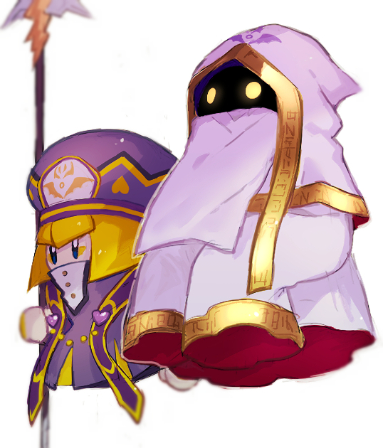 1boy 1girl beads beret blonde_hair blue_eyes blunt_ends bob_cut chiimako cloak commentary_request covered_mouth dress eyeliner eyes_in_shadow gloves glowing glowing_eyes gold_trim hand_up hat heart holding holding_polearm holding_weapon hood hood_up hooded_cloak hyness kirby_star_allies kirby_(series) makeup nintendo polearm purple_dress purple_hat short_hair simple_background very_long_sleeves weapon white_background white_cloak white_gloves wide_sleeves yellow_eyeliner yellow_eyes zan_partizanne