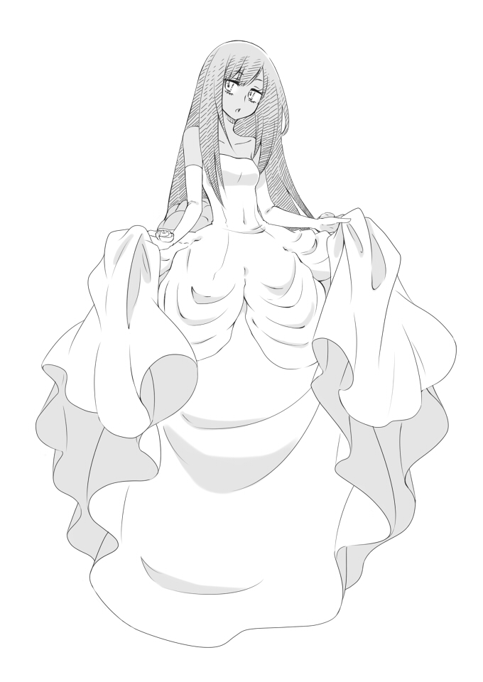 1girl bare_shoulders breasts dress elbow_gloves fate/strange_fake fate_(series) gloves long_hair monochrome open_mouth tine_chelc