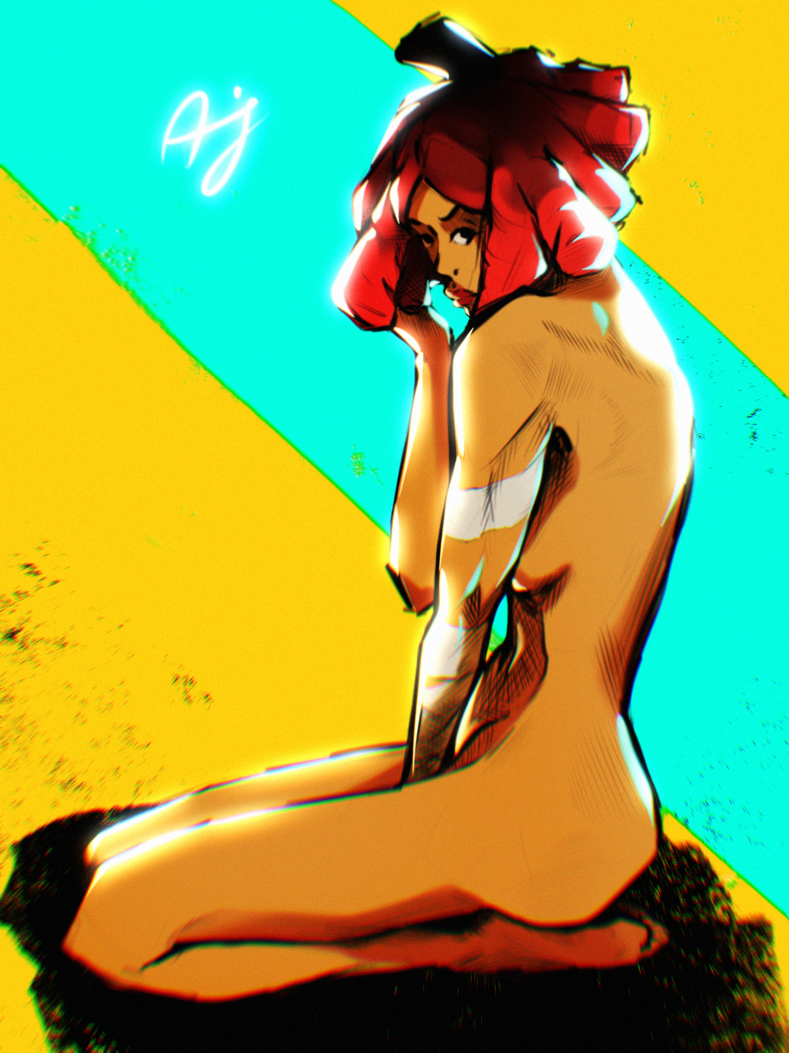 applesauce_jack bandages black_eyes cherry_hunter dreadlocks highres kneeling looking_at_viewer pinup_pose red_hair red_lips streets_of_rage streets_of_rage_4