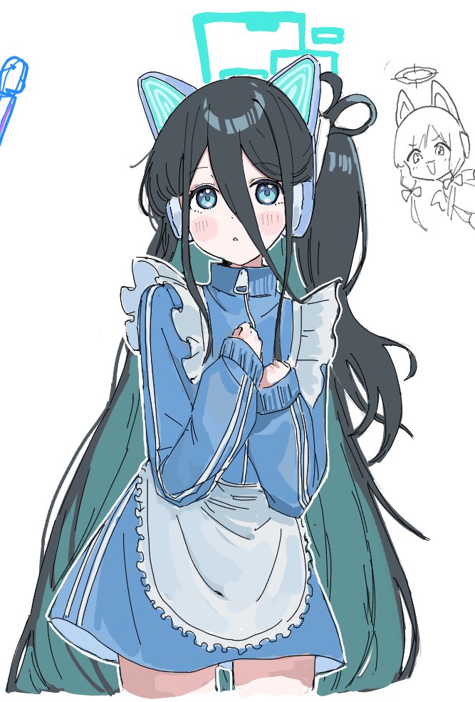 2girls :c animal_ear_headphones animal_ears apron aris_(blue_archive) black_hair blue_archive blue_eyes blue_hair blue_jacket cat_ear_headphones chibi chibi_inset collared_jacket colored_inner_hair cowboy_shot dot_nose fake_animal_ears frilled_apron frills hair_between_eyes halo hands_on_own_chest haruharu_sensei headphones jacket jersey_maid legs_apart long_hair long_sleeves looking_at_viewer maid midori_(blue_archive) multicolored_hair multiple_girls no_pants one_side_up sidelocks simple_background sleeve_cuffs sleeves_past_wrists solo_focus striped_clothes striped_jacket track_jacket unconventional_maid very_long_hair white_apron white_background