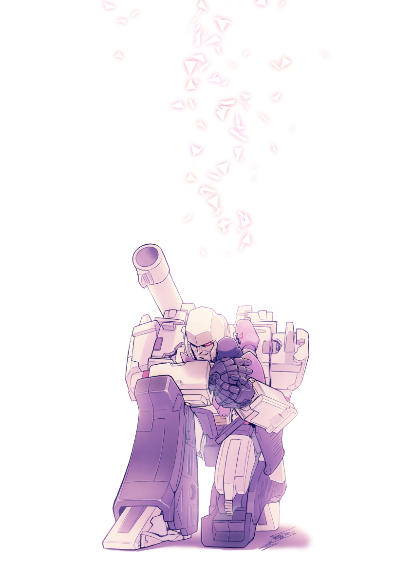 1boy 1other alien commentary_request decepticon dinosaur highres holding hug male_focus mecha megatron no_humans predacon robot science_fiction solo_focus tears transformers translation_request tsunetaka_rakurai white_background