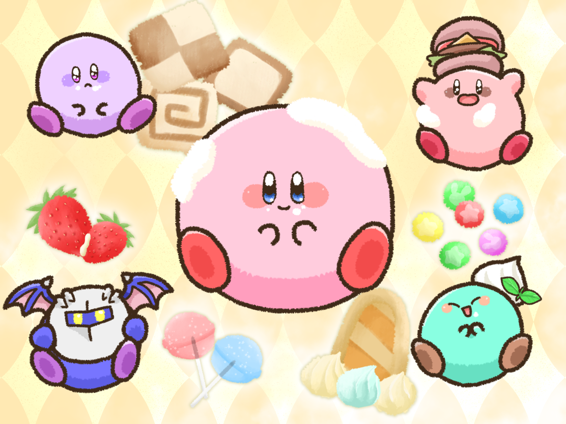 bat_wings blue_skin blush_stickers burger candy colored_skin cosplay food food_on_head fruit kirby kirby&#039;s_dream_buffet kirby_(series) kirby_burger lollipop meta_knight meta_knight_(cosplay) momoyuu1009 nintendo no_humans object_on_head pink_skin smile strawberry wings yellow_eyes