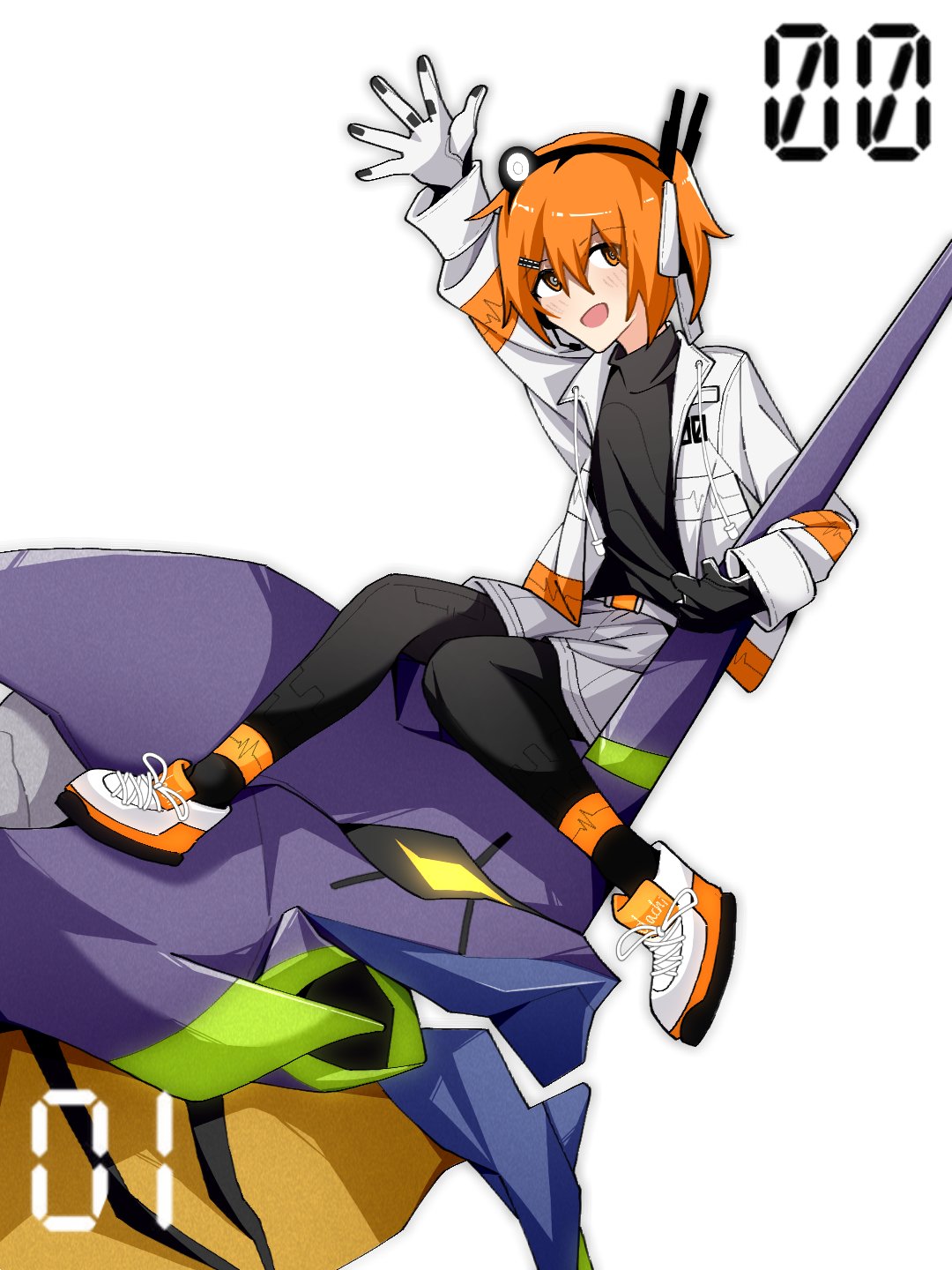 1girl a.i._voice adachi_rei arm_up black_pantyhose black_shirt eva_01 evangelion_(mecha) gloves grey_shorts hair_ribbon headlamp highres jacket long_sleeves looking_at_viewer neon_genesis_evangelion one_side_up open_clothes open_jacket open_mouth orange_eyes orange_hair pantyhose ribbon shirt shoes shorts simple_background sneakers solo utau white_background white_jacket white_ribbon white_shoes yi_xing_luren